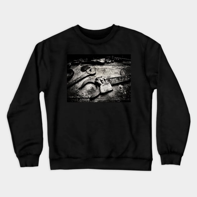 Industrial interior, old wrench and gloves, black and white Crewneck Sweatshirt by Reinvention